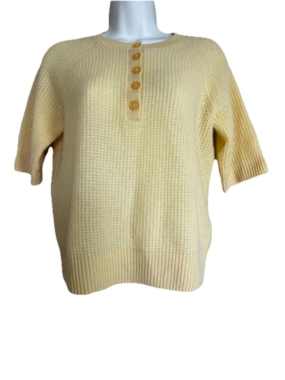 JOIE Women’s 100% Cashmere Short Sleeve 5 Button-Down Front Yellow Sweater Sz M